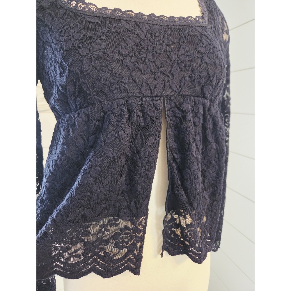 La Peche Navy Lace Babydoll Top Long Sleeve Square Neck Slit Front M